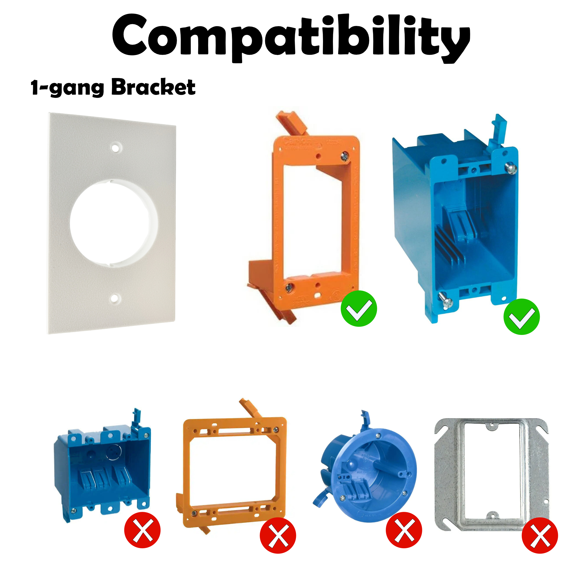 This bracket is compatible with 1-gang boxes and 1-gang low voltage brackets. It is not compatible with 2-gang boxes, 2-gang low-voltage brackets, round boxes, or 1-gang metal mud rings
