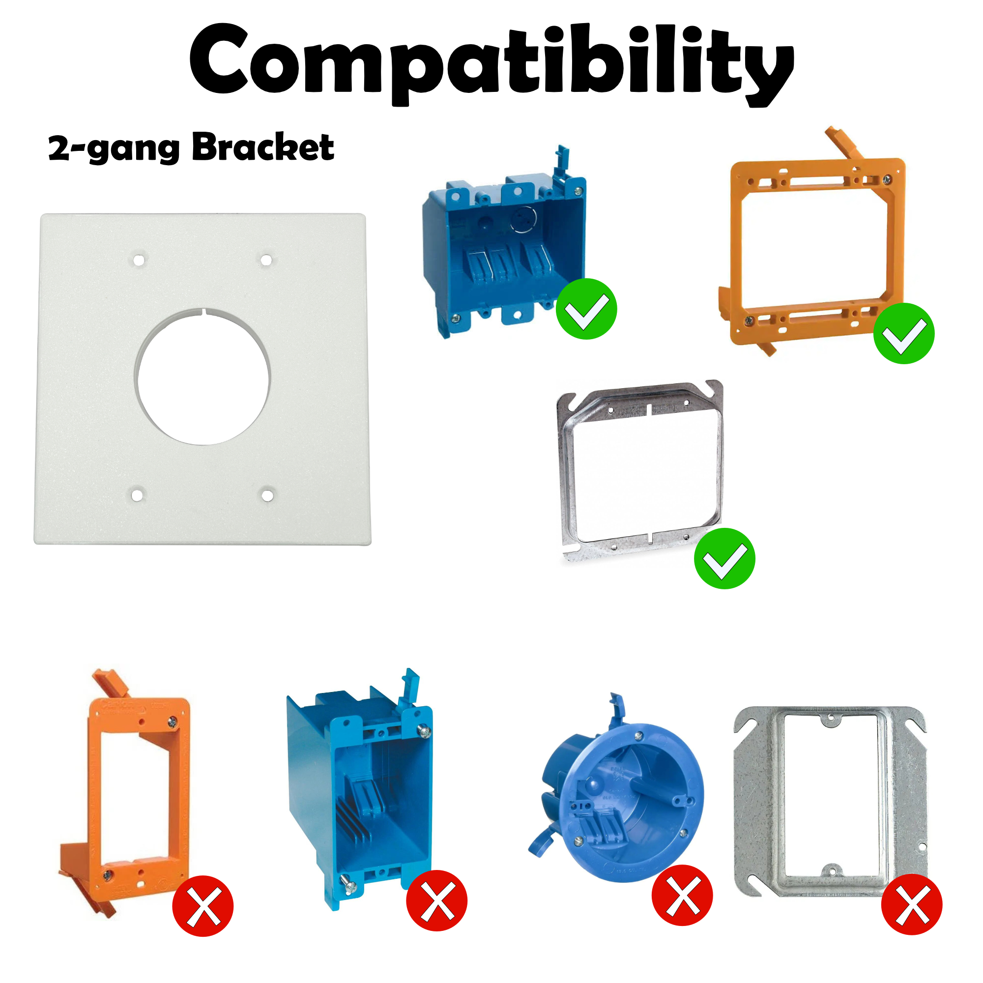 This bracket is compatible with 2-gang boxes, 2-gang mudrings, and 2-gang low voltage brackets. It is not compatible with 1-gang boxes, 1-gang low-voltage brackets, round boxes, or 1-gang metal mud rings