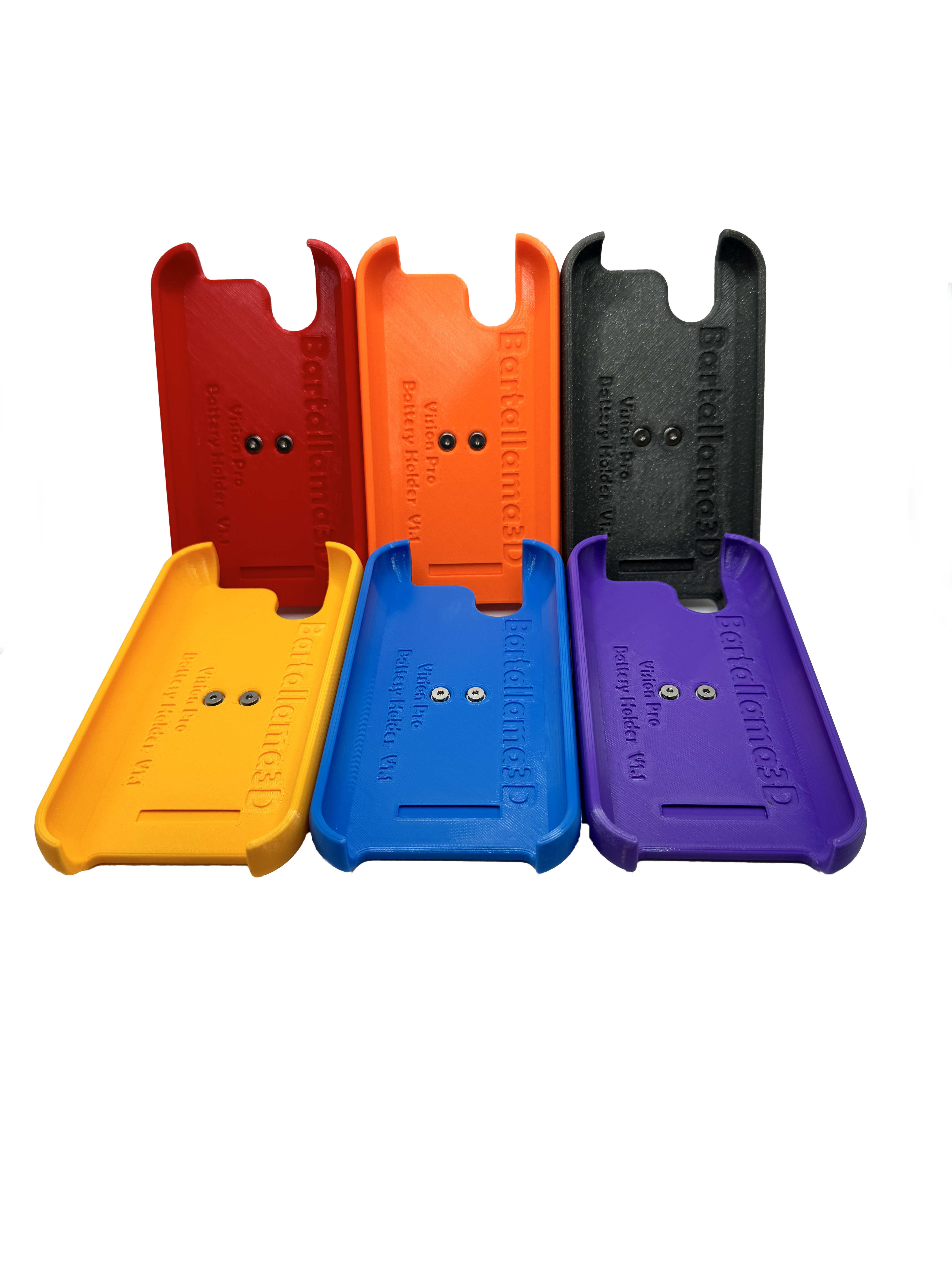 A picture of the battery holder in 6 different colors Red, Blue, Orange, Purple, Glitter Gray, and Yellow